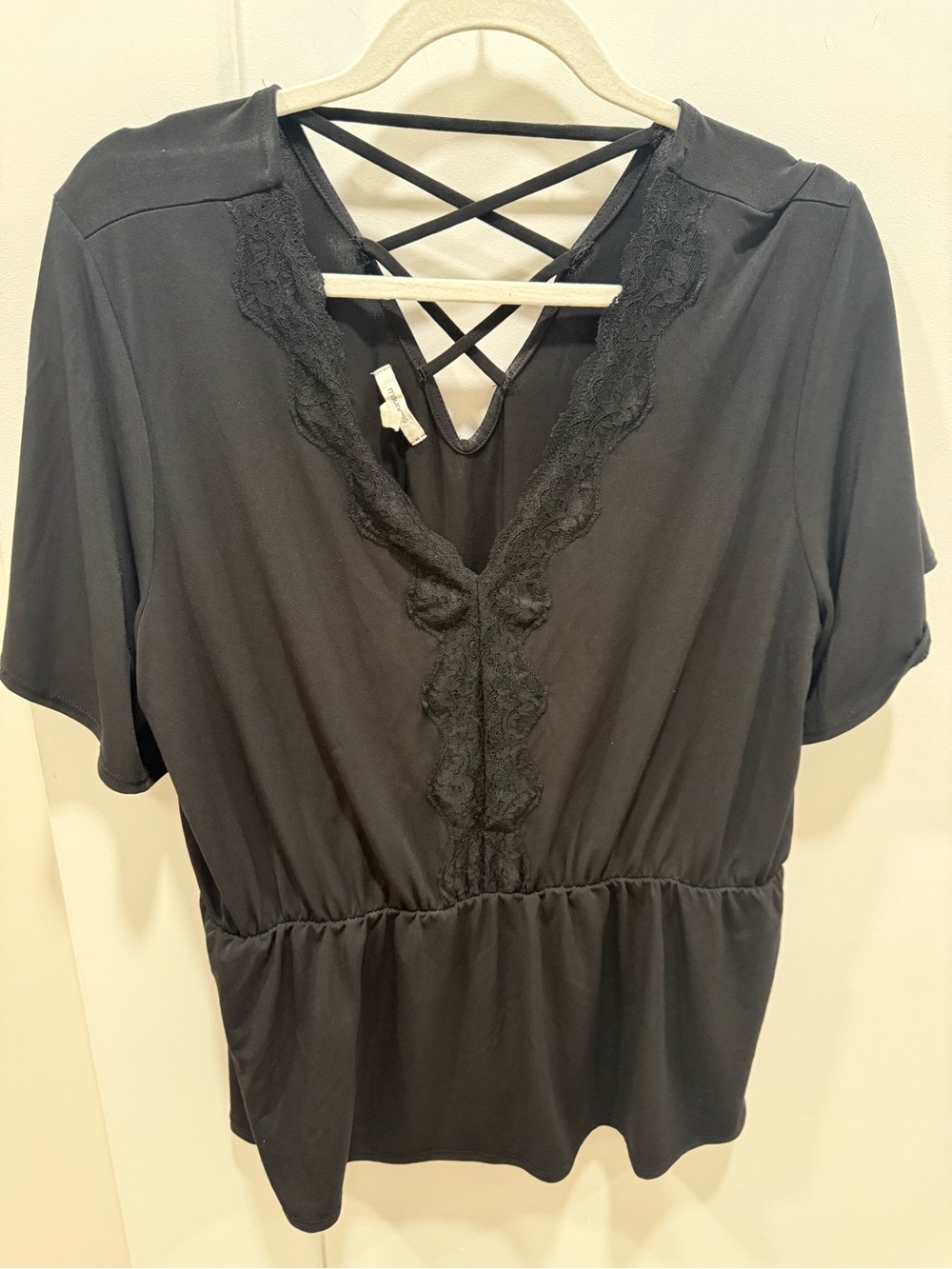 Maurices Black Lace-Trim Crisscross Peplum Top
